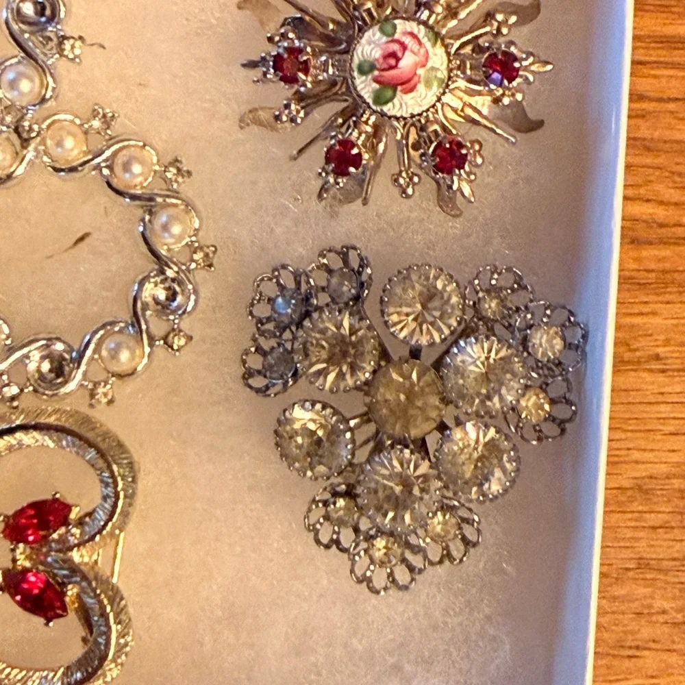 Vintage Elegant Silver and Red Brooch Set